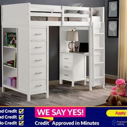 FINANCE TODAY! - Cassidy White Finish Twin Size Loft Bed With Desk