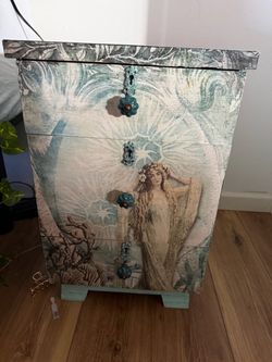 Decoupage Wooden Cabinet with Teal Knobs