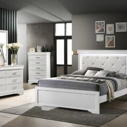 NEW METALLIC GRAY OR WHITE QUEEN BEDROOM SET WITH LED HEADBOARD! MATTRESS IS NOT INCLUDED 