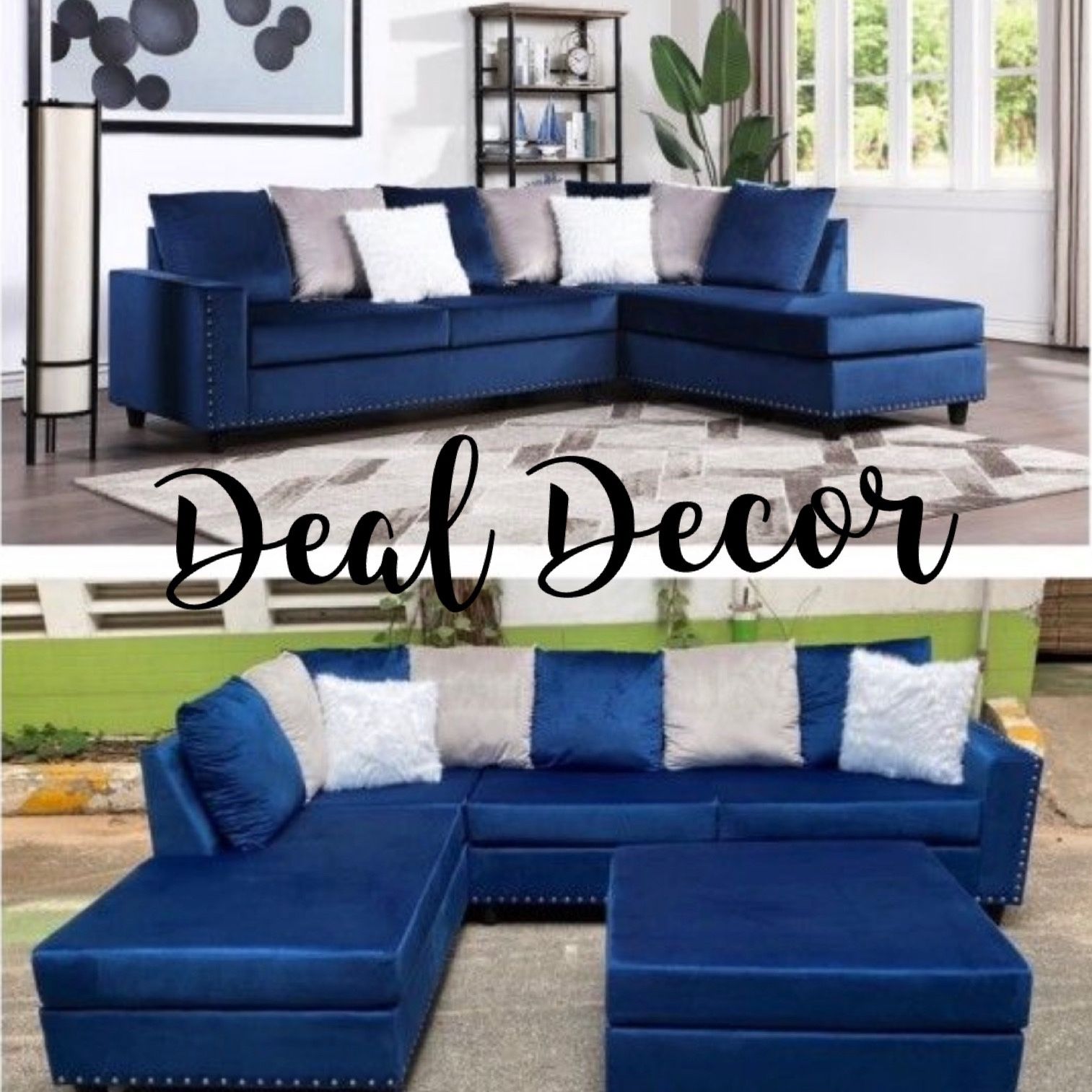 New Blue Velvet Sectional Sofa Couch with Pillows Ottoman Extra 