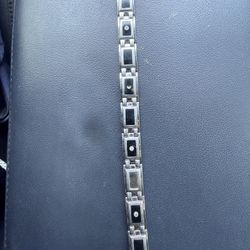 Black Onyx And Real Diamond Studs  Men’s Stainless Steel Bracelet 