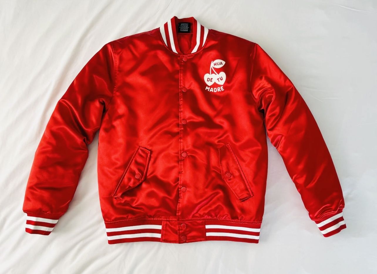 Red Satin Bomber Jacket Unisex HIJA DE TU MADRE