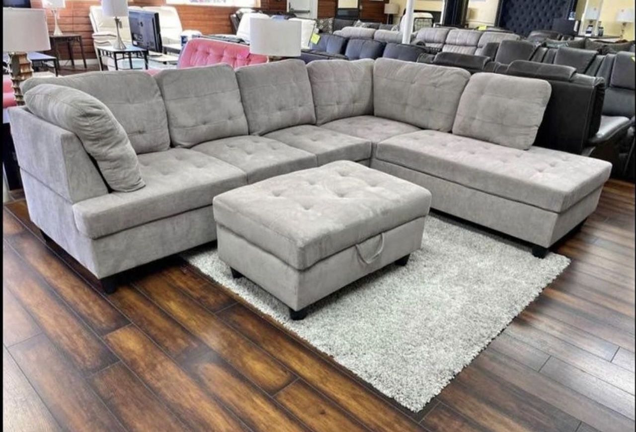 COSTCO Grey Chenille Sectional Couch And Ottoman