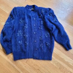 Vintage VENESHA Royal Blue Angora Floral Embellished Sweater  Jacket Cardigan only