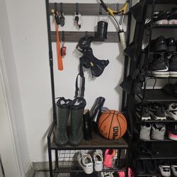 HOMEKOKO Coat Rack Shoe Bench, Hall Tree Entryway Storage Bench, Wood Look Accent Furniture with Metal Frame, 3-in-1 Design (Dark Brown)