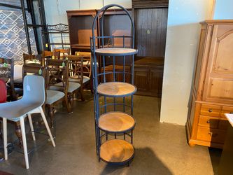 Four Tier Display Shelf with Black Metal Frame and Round Wood Shelves