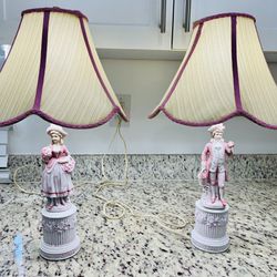 Vintage pair Pink/Cream Porcelain Bisque Lamps  Made In Japan Victorian Lamps 