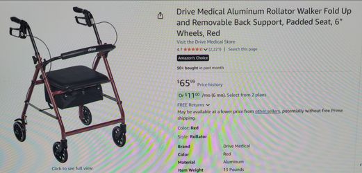 New! Aluminum Red Rollator Walker fold-up and back support