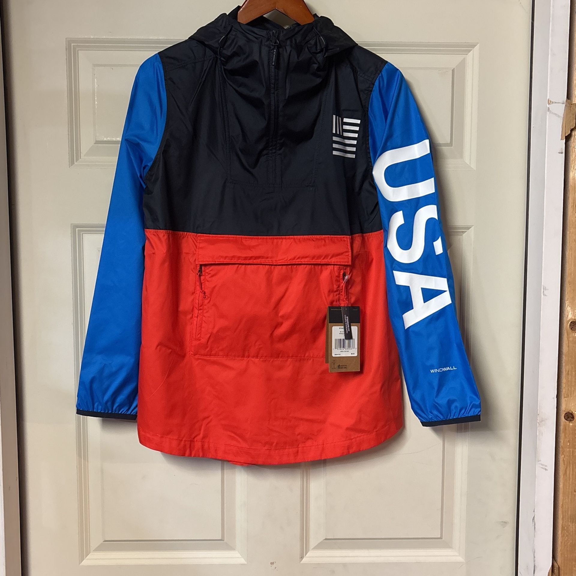 $90 Women’s The North Face IC Anorak Rain Jacket USA Olympics Hooded Water Resistant Windbreaker Jacket in the Fiery Red Blue White Colorway