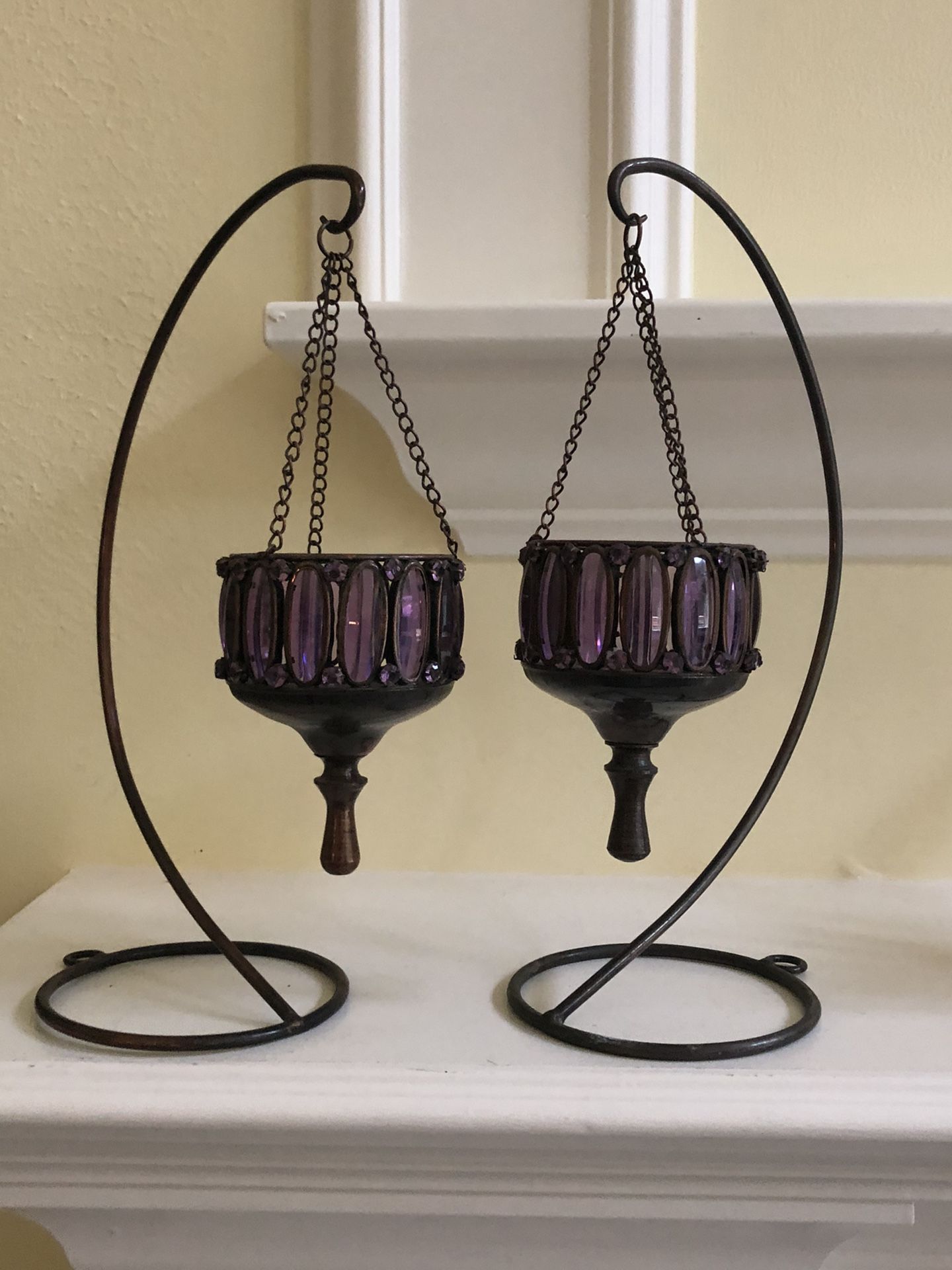 Antique hanging glass & metal candle/tea light holders 12” T