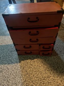 Japanese Red Lacquer Tansu Chest Black Metal Hardware