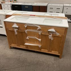 SALE - 60" Brown Solid Wood Bathroom Vanity with Marble Top (P)