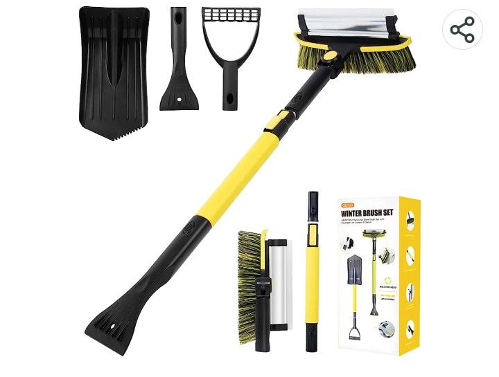 GEJRIO Ice Scraper and Snow Shovel, 5 in 1 Snow Brush for Car Windshield, 29.9" to 37.5" Extendable Snow Scraper for Car Auto SUV Truck
