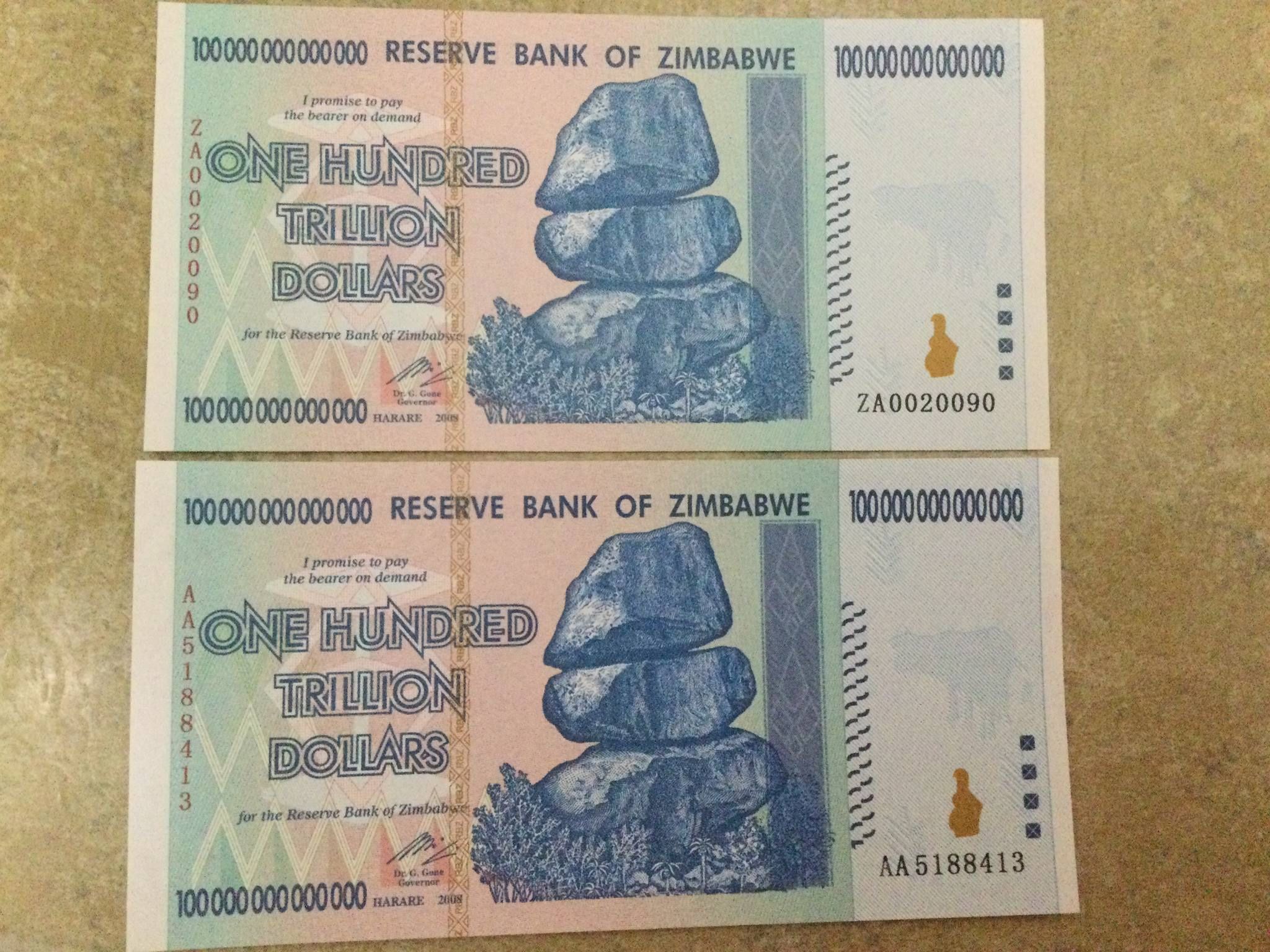 100 Trillion Dollars Zimbabwe ZA & AA  2008 P91*Uncirculated Authentic