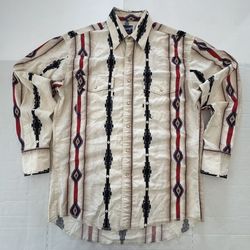 Pre Owned Excellent  Wrangler VTG Western Aztec Button Shirt  Long Sleeve Pearl Snap Buttons Ivory Red Black Purple Men  Size Medium