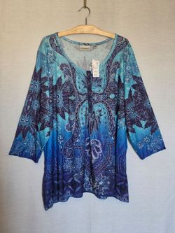 Avenue Women's Tunic 3/4 Sleeve Turquoise Purple Bling Stretch Blouse 3X