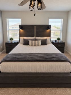 Dark Wood King Bed Frame with Headboard with Bluetooth speakers  and USB chargers