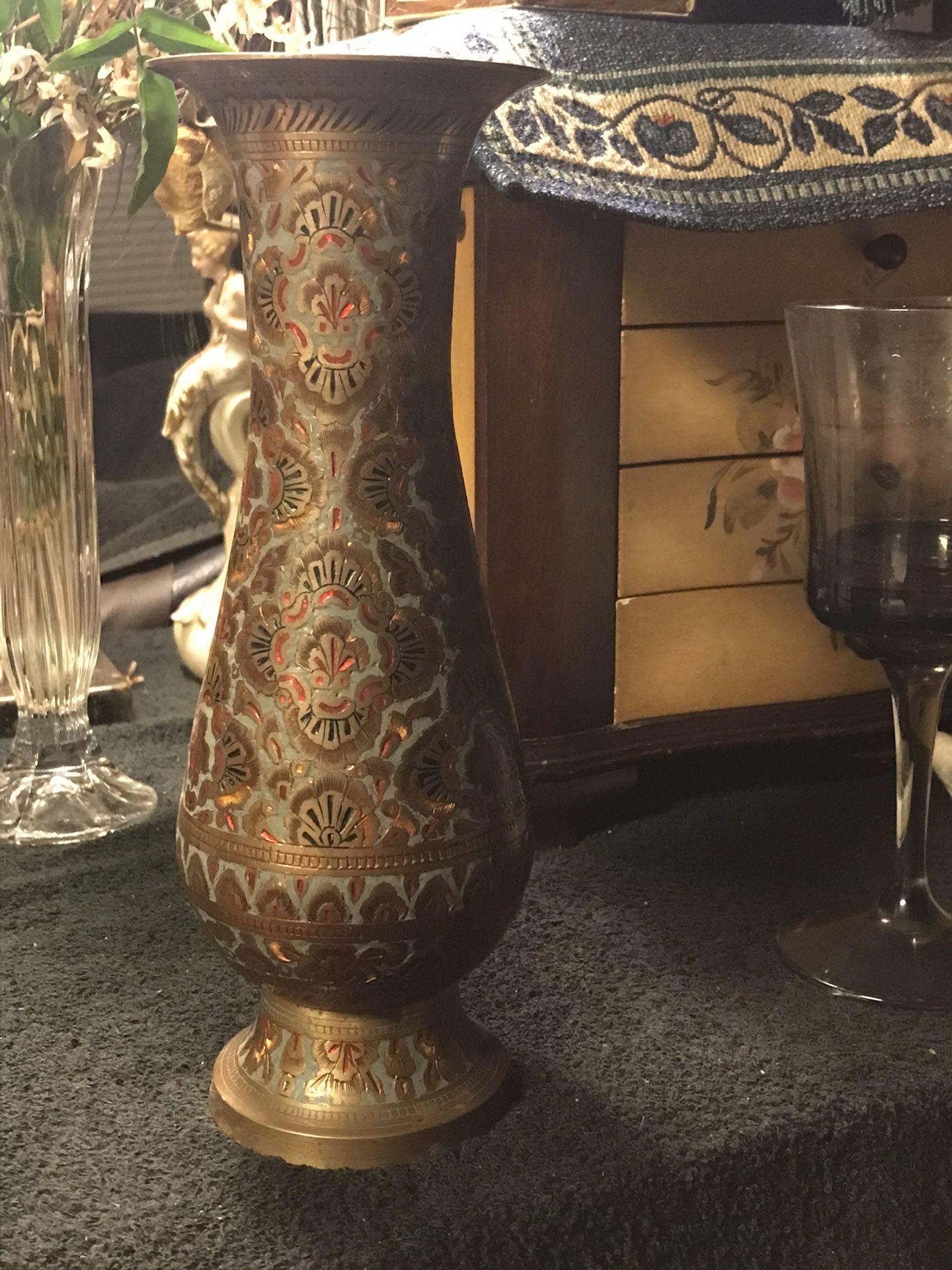 Etched Enamel Brass Vase