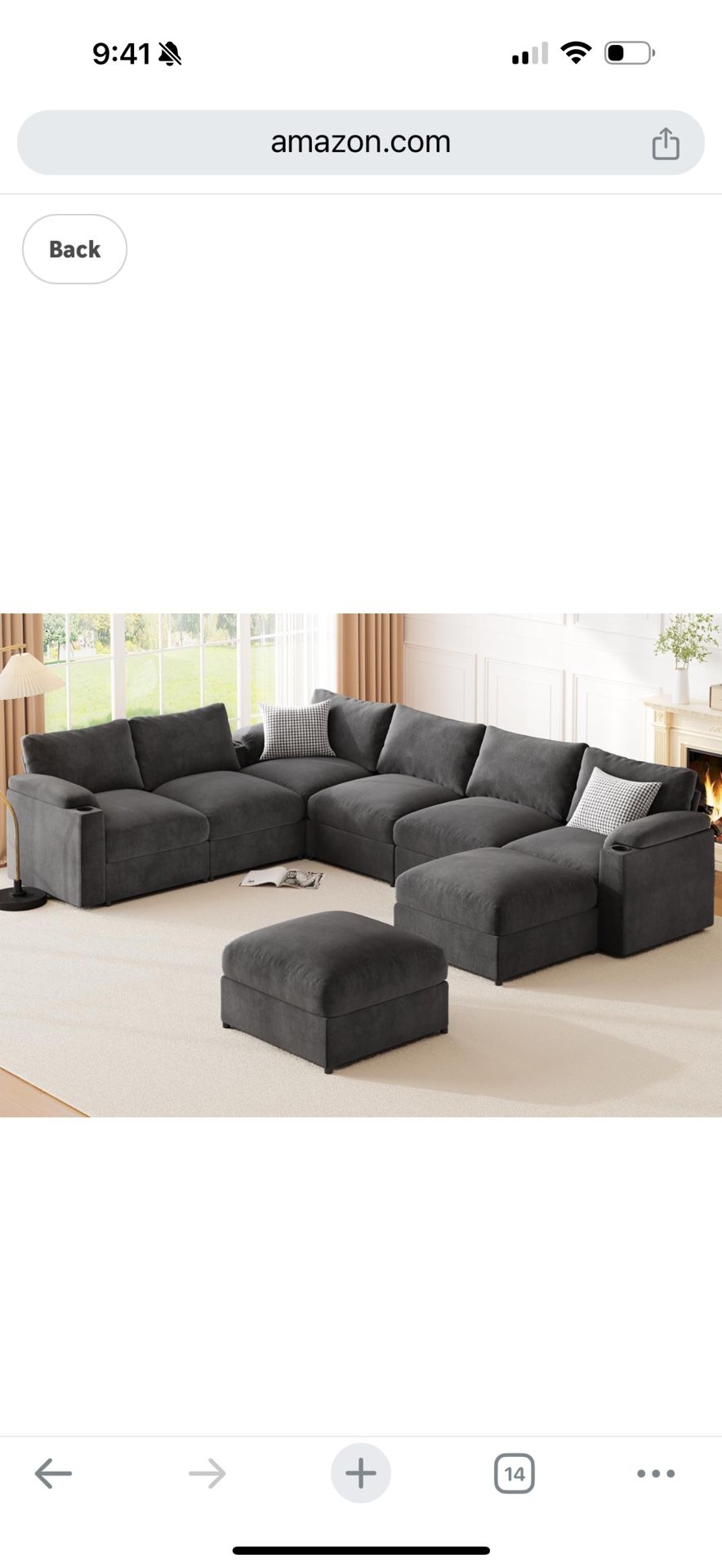 Modular Sectional Sofa Couch for Living Room Velvet Couches Oversized U Shaped Convertible Sleeper Sofa Chaise Detachable Armrest Cushion Cup Holder (