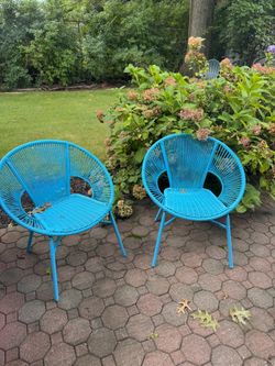 Pair of Acapulco-Style Patio Chairs, Turquoise Woven Resin Sunburst Hoop Chairs