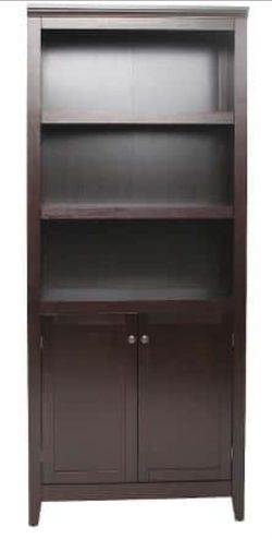 Espresso wood 5 shelf bookcase with doors
