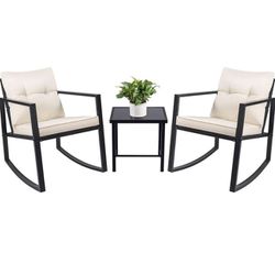 3 Piece Rocking Bistro Set Wicker Patio Outdoor Furniture Porch Chairs Conversation Sets with Glass Coffee Table (Beige)
