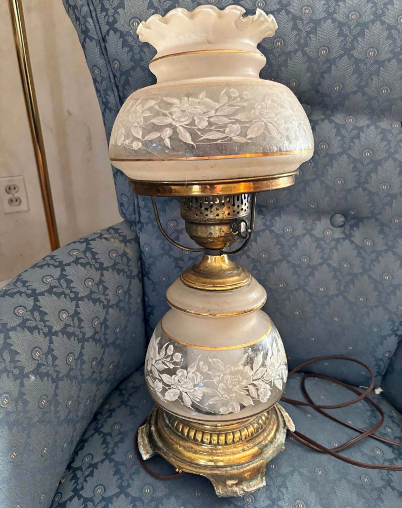 Antique Floral Hurricane Brass Lamp