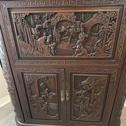 George Zee Mid Century Asian Carved Teak Dry Bar Cabinet
