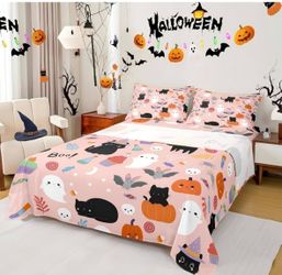 Pink and Halloween bed sheet size twin 3 peace new with black cats, white ghosts, orange pumpkins, and the word 'Boo!' #halloween #spooky