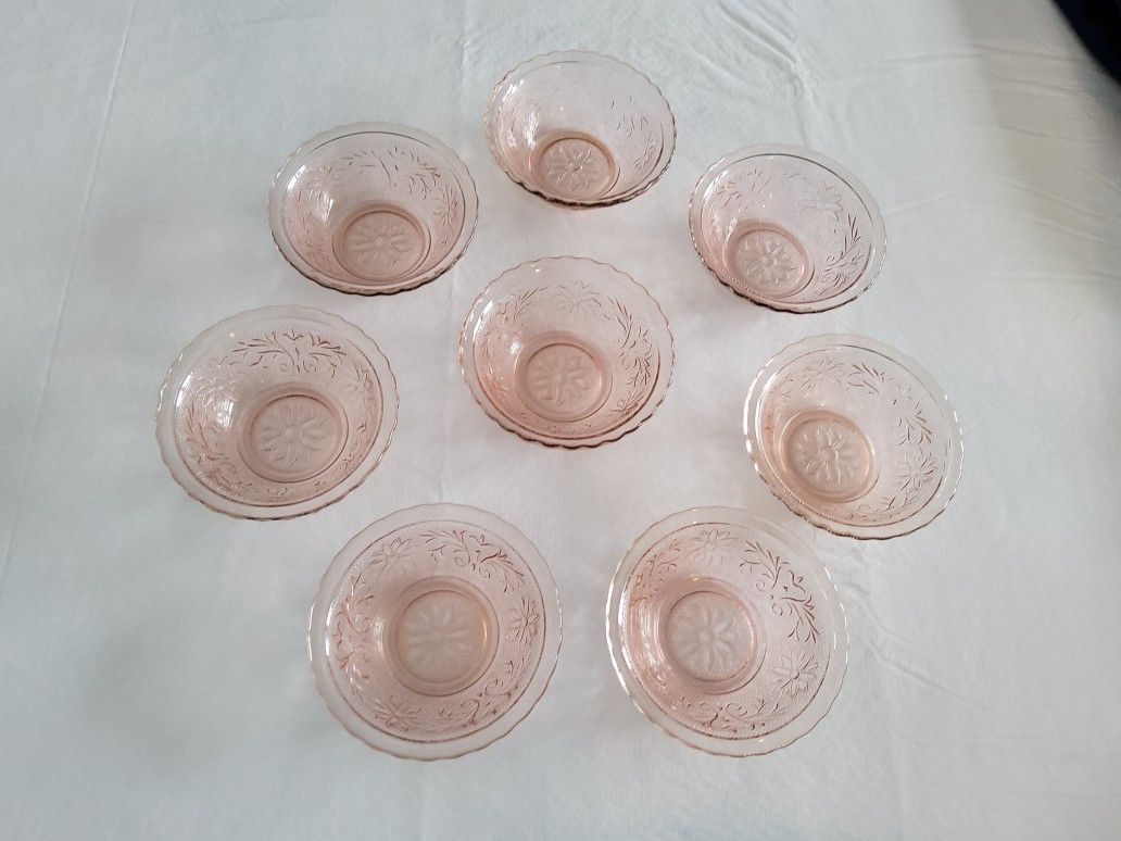 ANCHOR HOCKING VINTAGE DEPRESSION GLASS FRUIT BOWL SET / PINK SANDWICH PATTERN