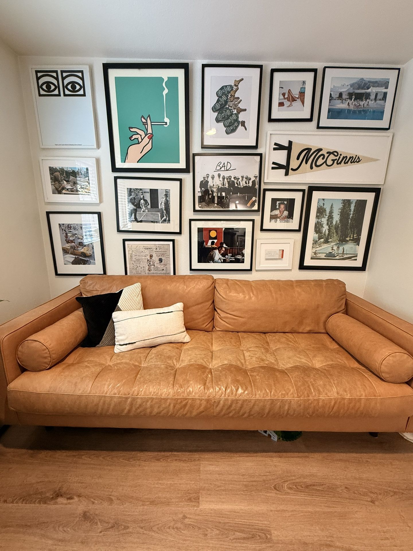 Article Sven Tufted Leather Sofa Couch, Tan 88” Mid Century Modern
