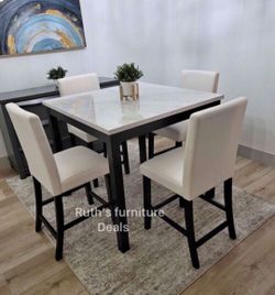 5-pc counter Height Dining set white faux marble table top