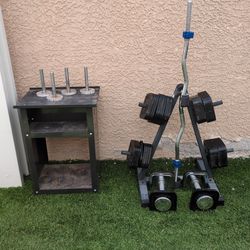 Ironmaster Quick-Lock Adjustable Weight Set + EZ Curl Bar + Dumbbells + Storage