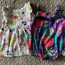 Floral White Dress and Dark Blue Palm Leaf Romper from Carters in NB