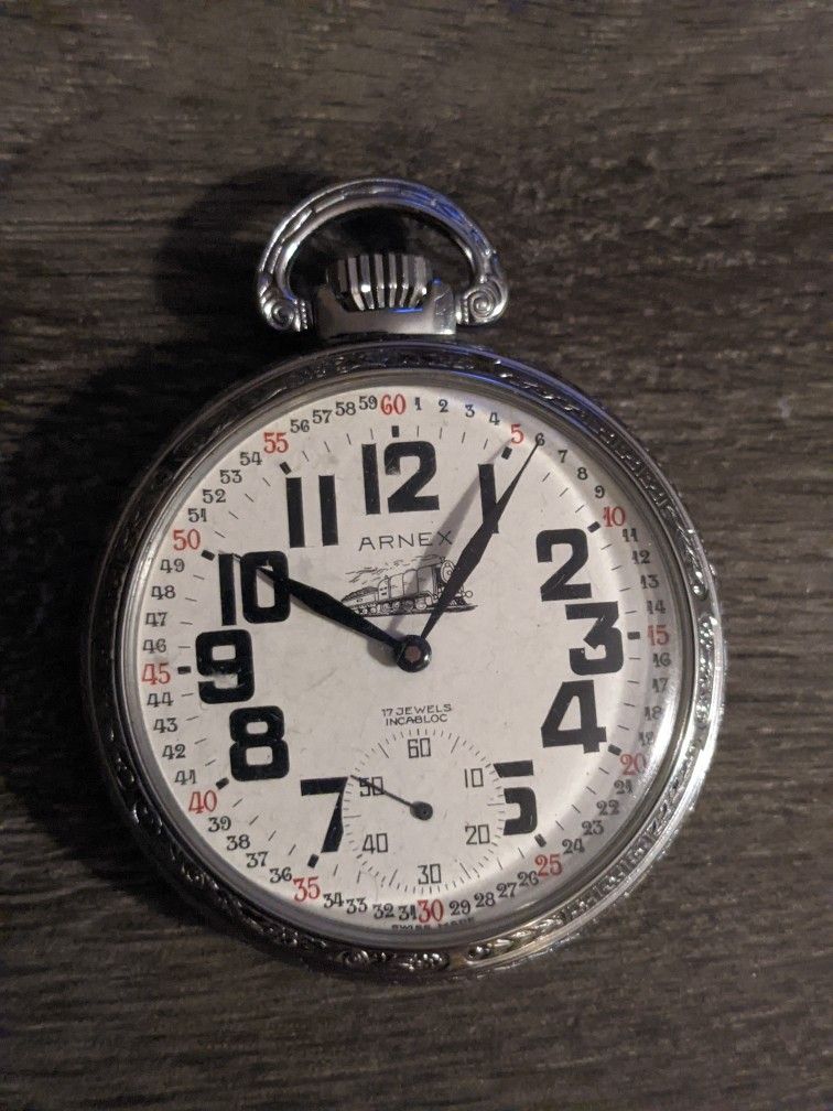 Vintage Arnex Pocket Watch Wind Up Railroad 17 Jewels Incabloc Swiss made. Physically appears to be in nice condition. Watch is NOT running but may