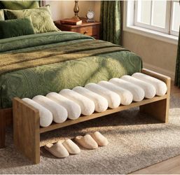 RY0457 59'' Upholstered End of Bed Bench with Rolled Cushions, Wooden Entryway Bench with Cream Finish Boucle Fabric for Bedroom, Living Room (Removab