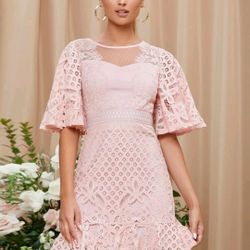 Pink Flounce Sleeve Lace Dress