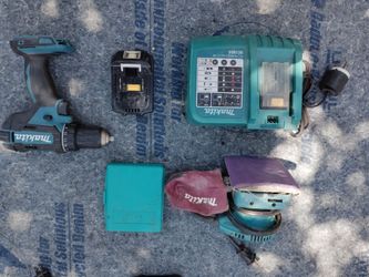 Makita drill batter & charger Ridgid impact wrench & 40 max battery & sander