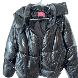 Azalea Wang Black Metallic Bomber Puffer Winter Coat Medium Jacket Shiny LIKEnew