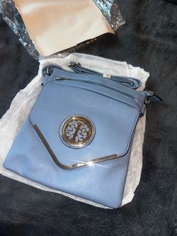Light Blue Crossbody Bag with Gold Medallion