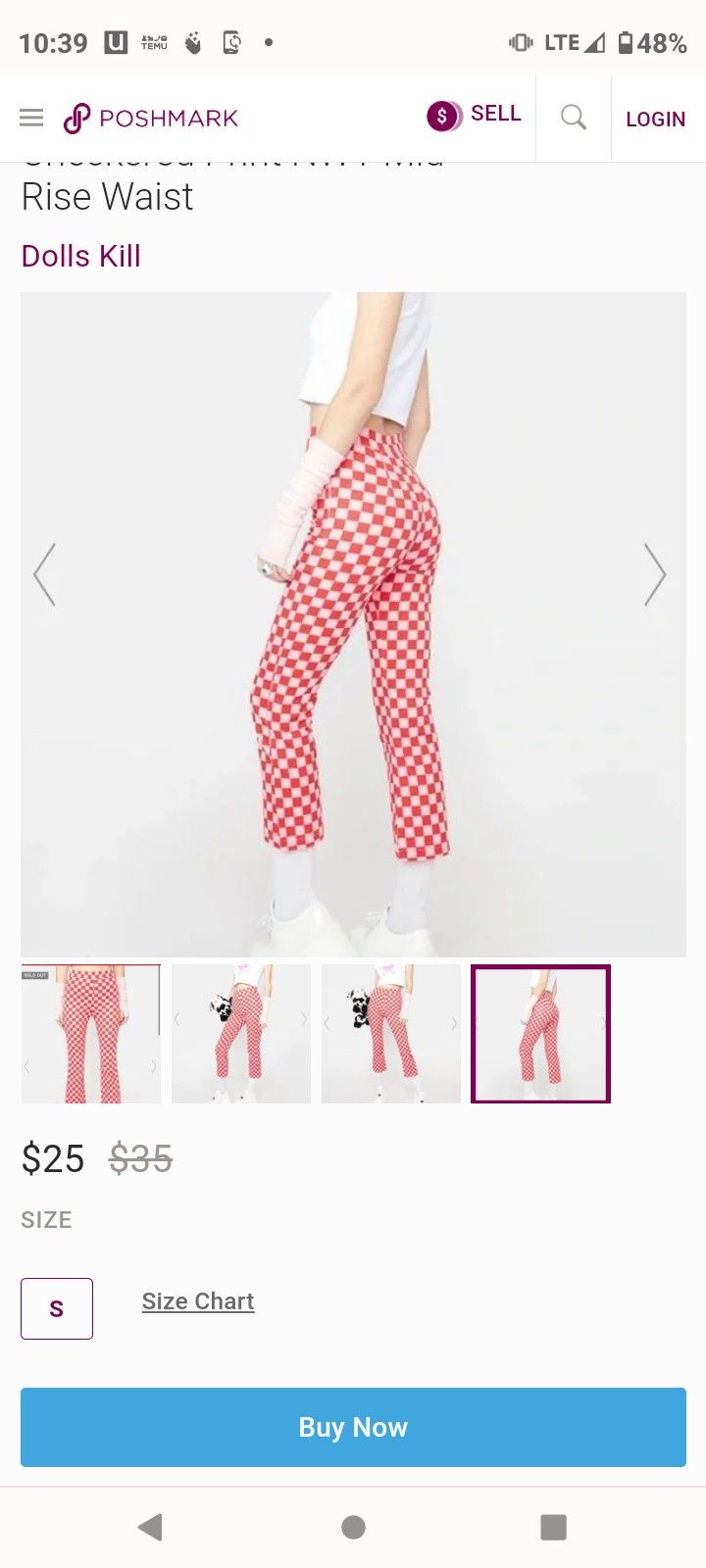 Dolls Kill MARASCHINO CLASH CHIC FLARE PANTS Checkered Print Mid Rise Waist Size Large