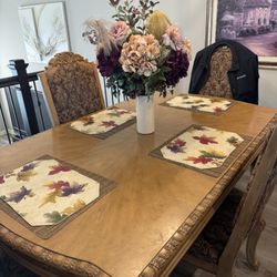 Large Wood Table With 2 (18”) Leaf Inserts And Matching Granite Top Buffet