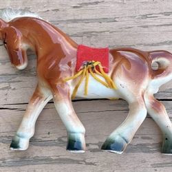 Horse Figurine Standing Brown and White Ceramic Hand Painted Vintage