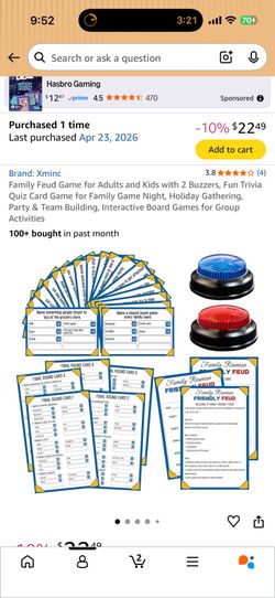 Family Feud Game for Adults and Kids with 2 Buzzers, Fun Trivia Quiz Card Game for Family Game Night, Holiday Gathering, Party & Team Building, Intera