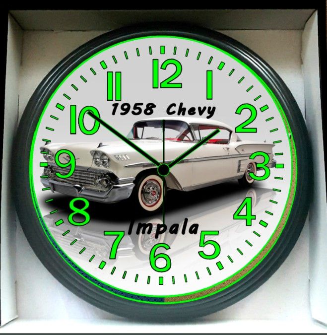 67499084.jpeg 1958 Chevy Chevrolet Impala Glow In The Dark Wall Clock New! display picture 1