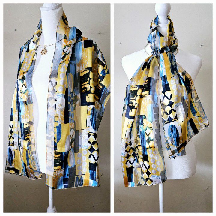 58"×13" Yellow Blue White amd Orange Scarf with a Geometric Round Block Design Pattern Silk Feel 100% Polyester Unisex Scarf. See Through. New without