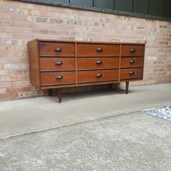 Mid Century Modern Walnut 9 Drawer Lowboy Dresser or Credenza by Dixie Vintage
