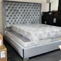 King Size Bed Frame Gray Velvet 