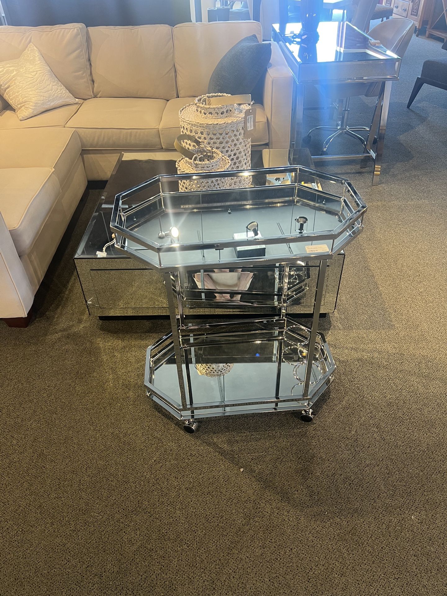 Tea Cart: Chrome Octagon Shape Tea Cart W/ 2 Mirrors SKU 9K7S1E
