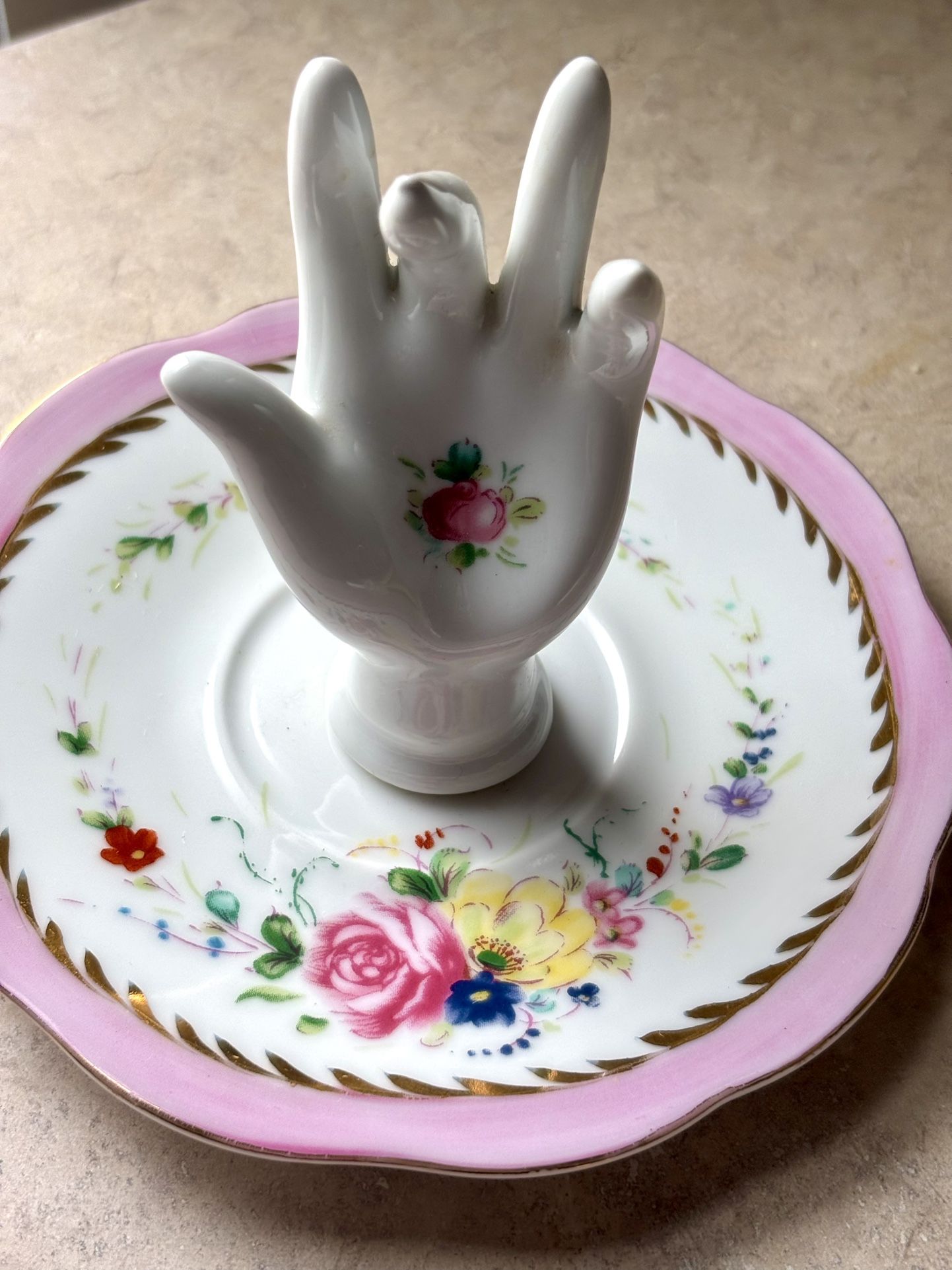 porcelain Hand ring holder. Floral Design 
